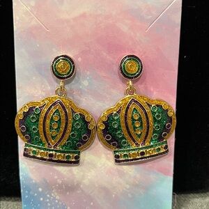 Mardi Gras Goldtone Enameled Crown Earrings